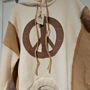Easel LA Peace Sign Patch Color Block Oversized Thermal Hoodie *Neutral tones*